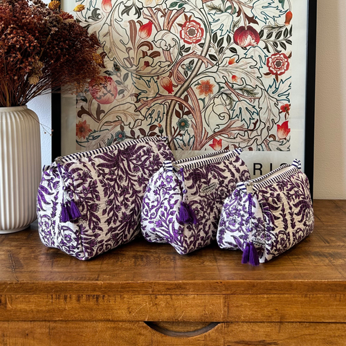 Quilted Block Print Pouch – White Bloom | Set of 3