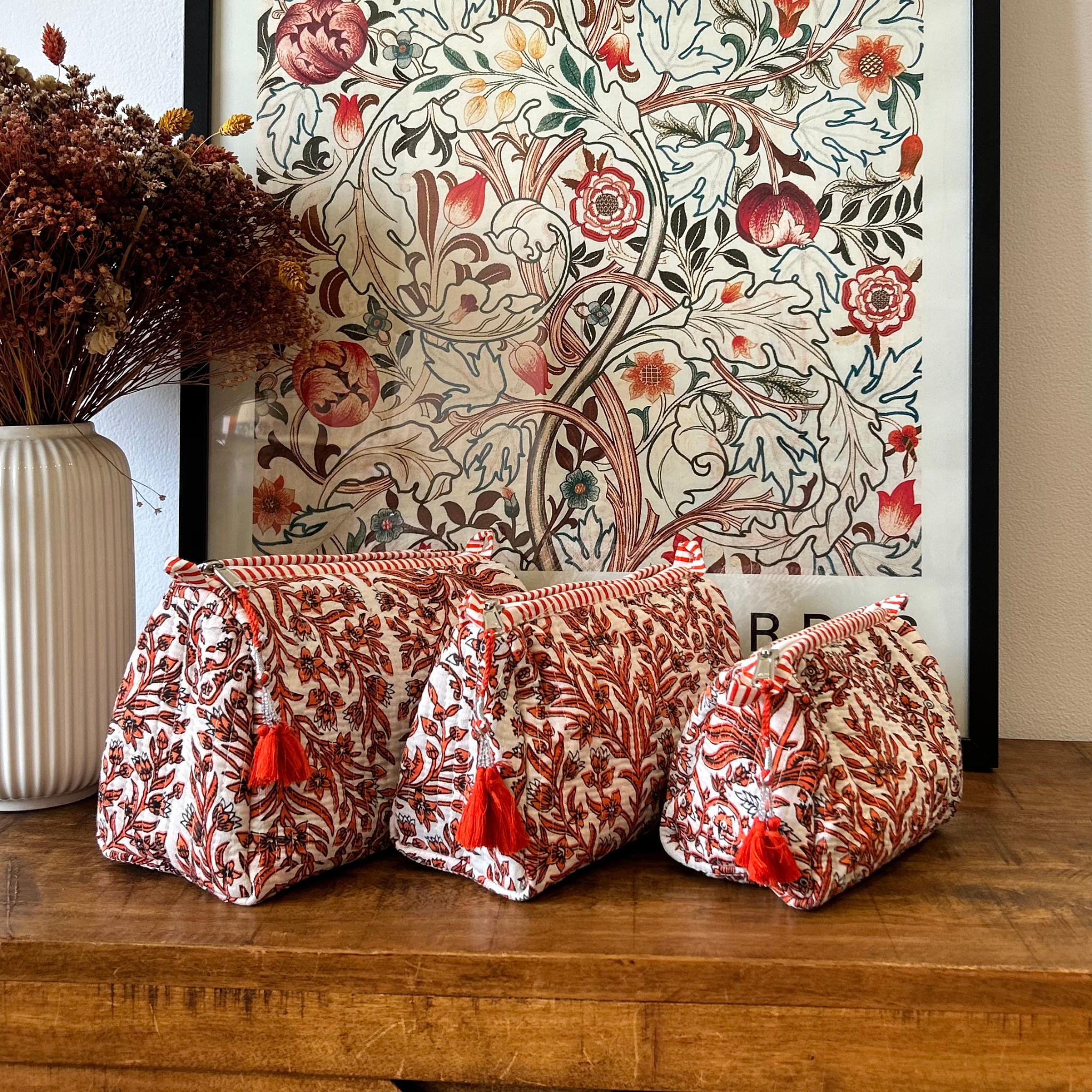 Quilted Block Print Pouch – White Bloom | Set of 3