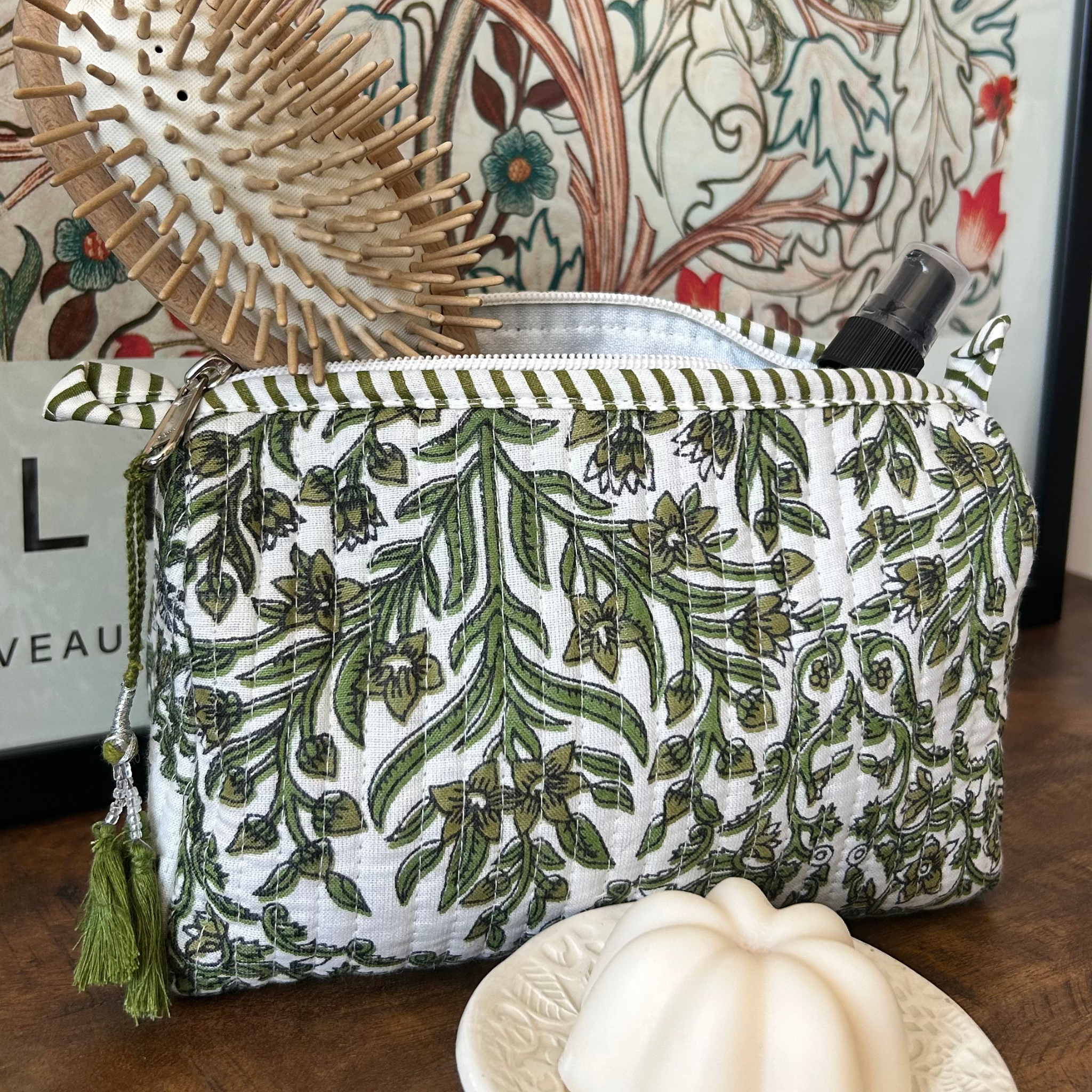 Quilted Block Print Pouch – White Bloom