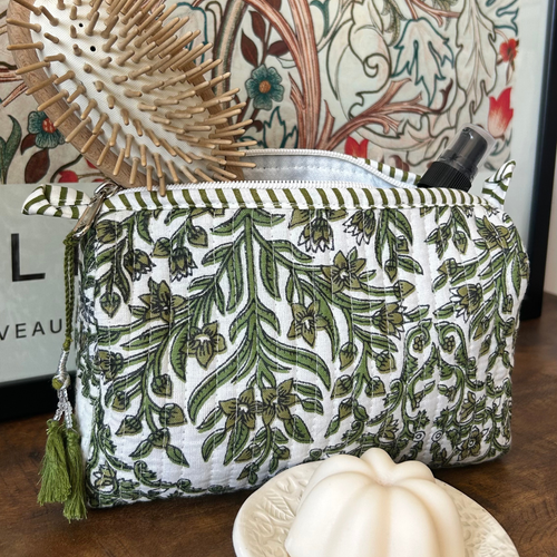 Quilted Block Print Pouch – White Bloom