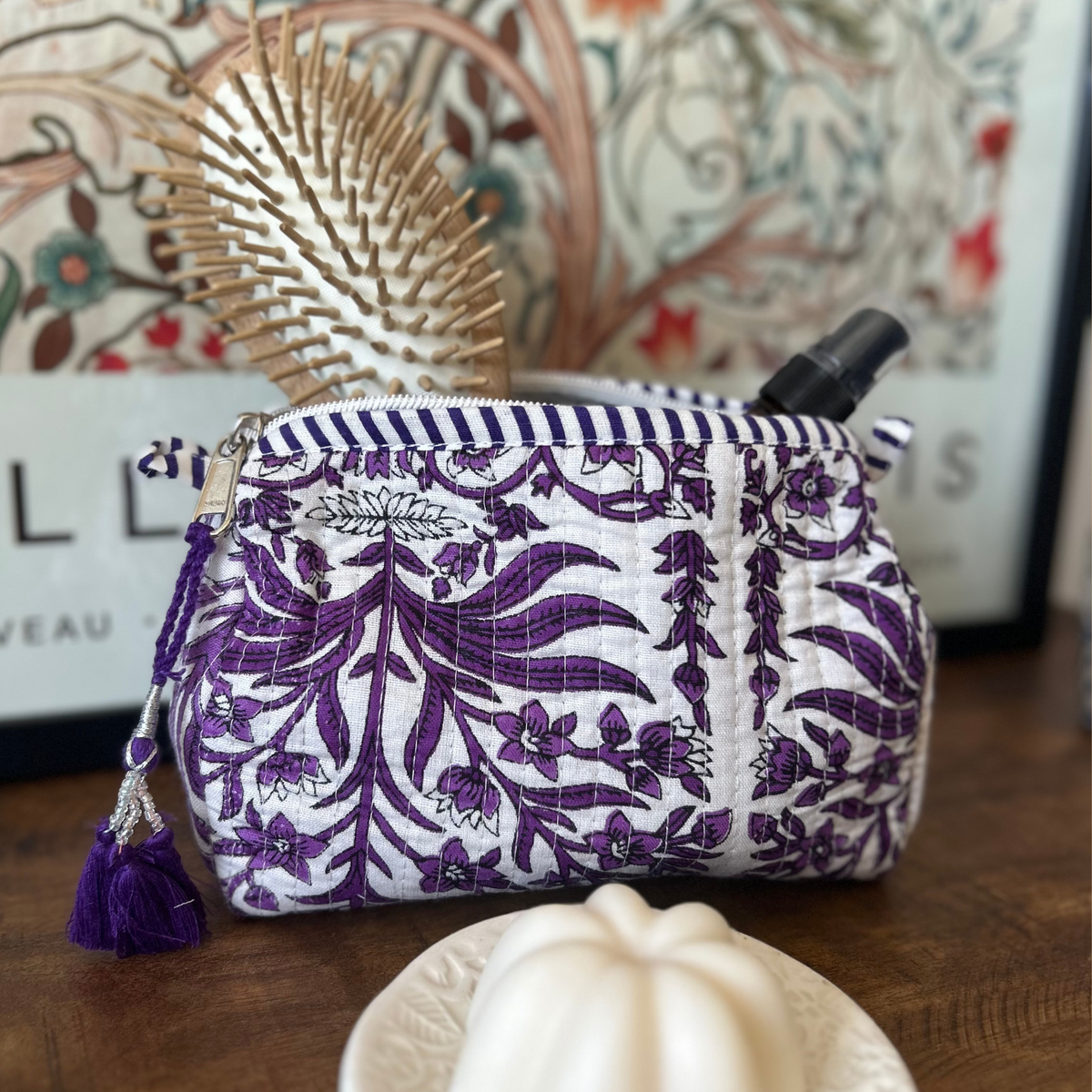 Quilted Block Print Pouch – White Bloom