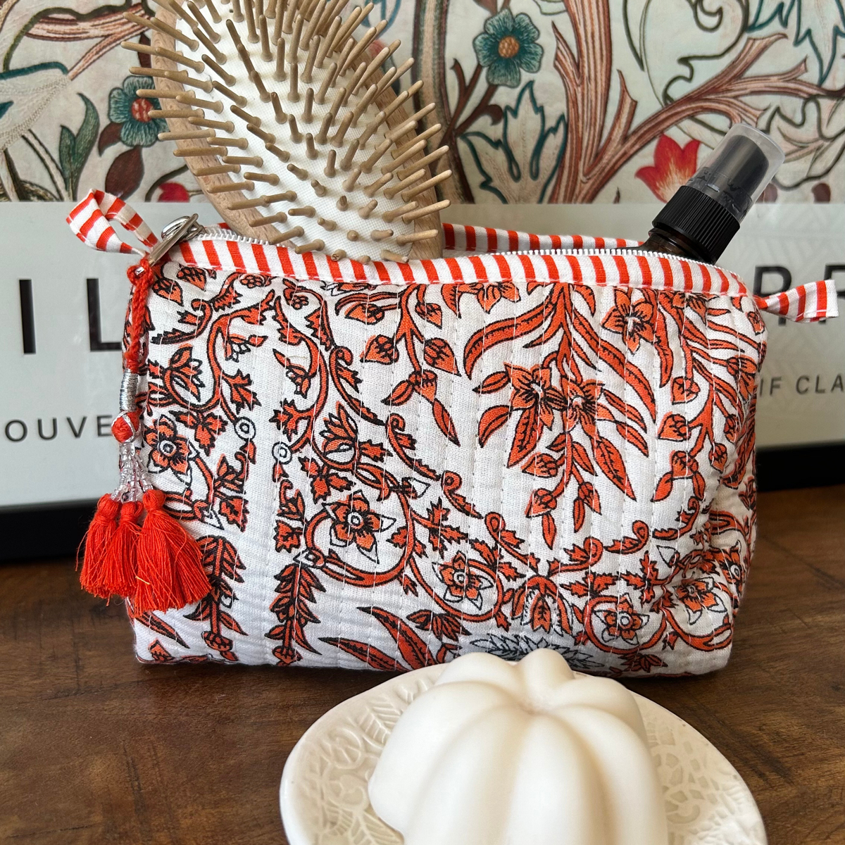 Quilted Block Print Pouch – White Bloom