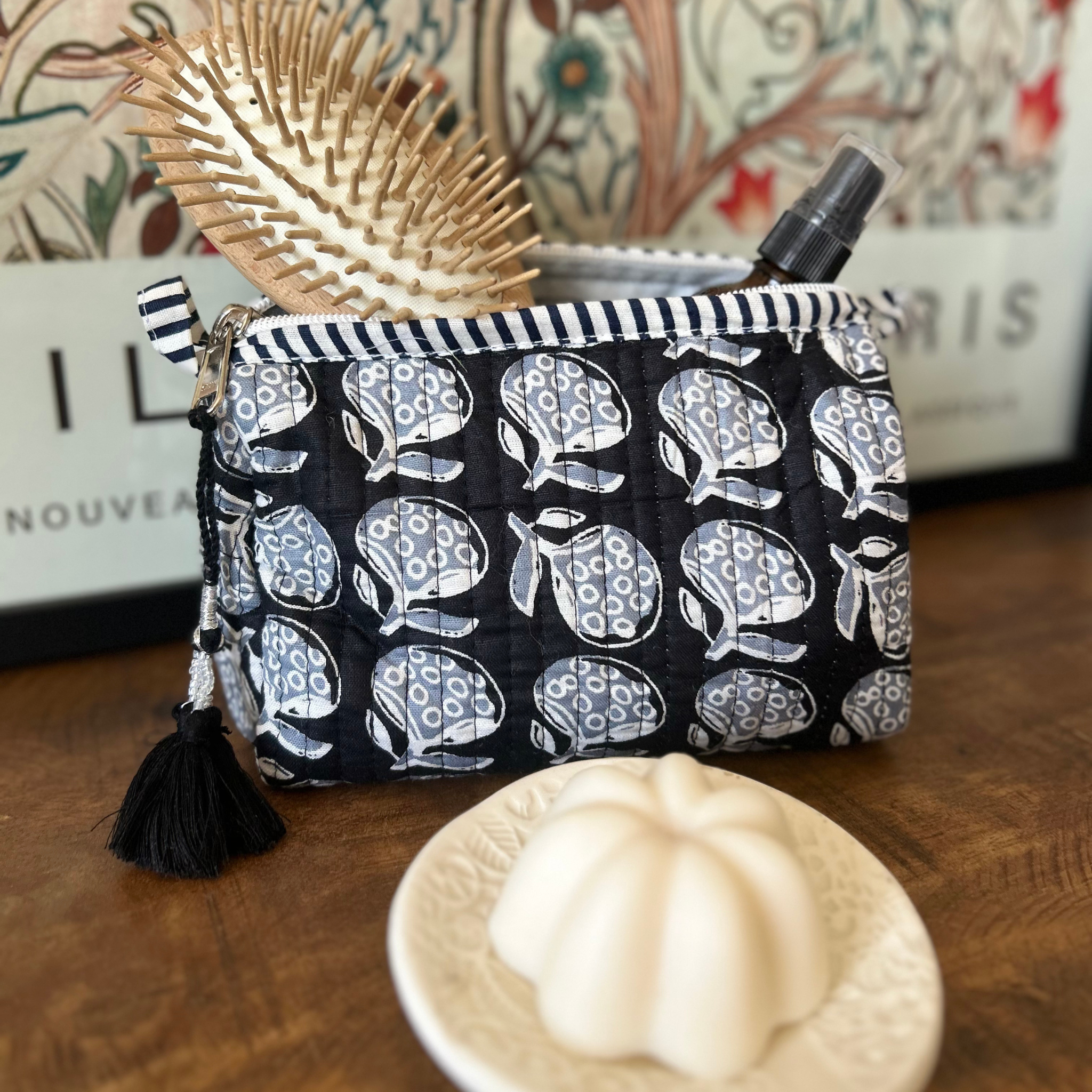 Quilted Block Print Pouch – Midnight Bloom