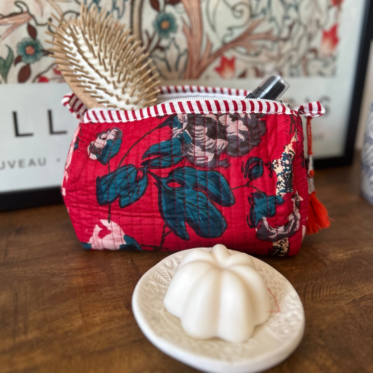 Quilted Floral Pouch – Red Garden